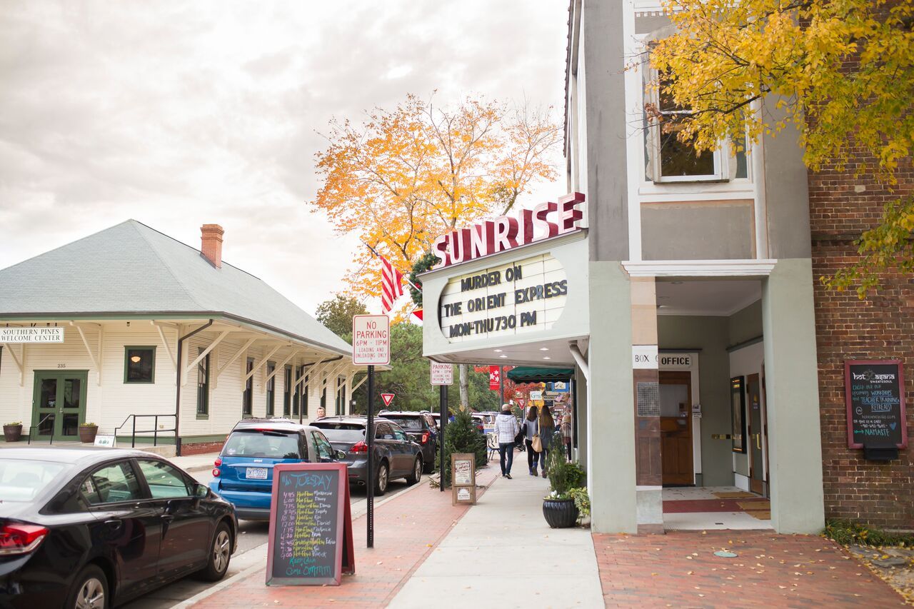 The Sunrise Theater and shops along Broad Street in downtown Southern Pines